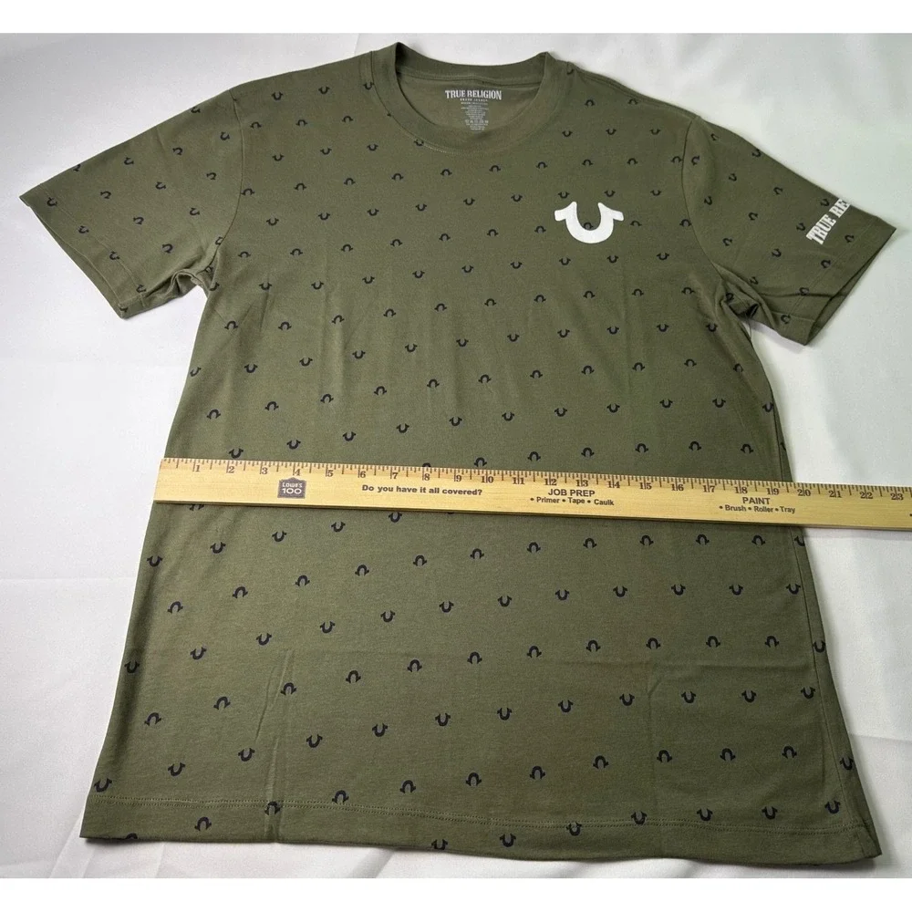 True Religion Men's Olive Green Mini Horseshoe Logo AOP Med Short Sleeve T-Shirt